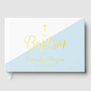 Elegant Blue gold Cross Baby Baptism Custom Foil Guest Book