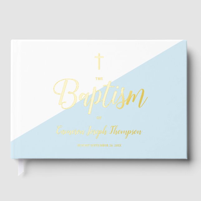 Elegant Blue gold Cross Baby Baptism Custom Foil Guest Book (Front)