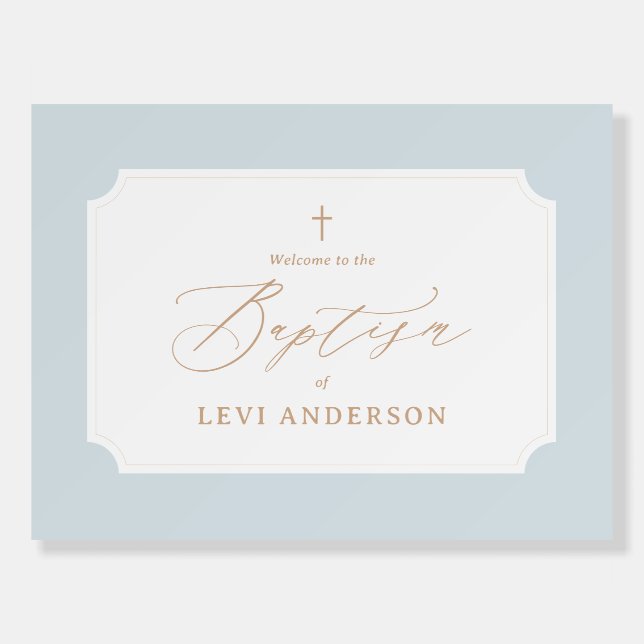 Elegant Blue Gold Cross Baptism Welcome Sign (Front)