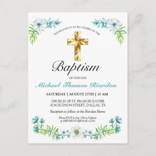 Elegant Blue Gold Cross Boy Baptism Invitation Postcard
