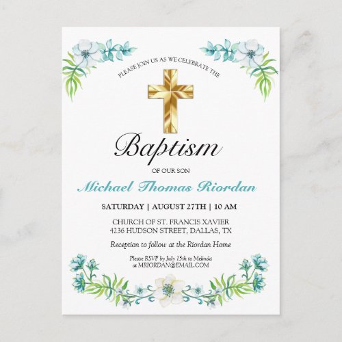 Elegant Blue Gold Cross Boy Baptism Invitation Postcard