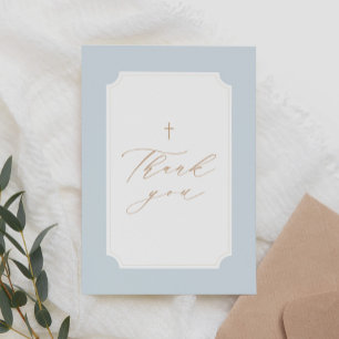 Elegant Blue Gold Cross Boy Baptism Letterpress Thank You Card