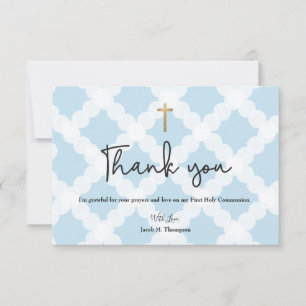 Elegant Blue Gold Cross Boy First Communion Thank You Card