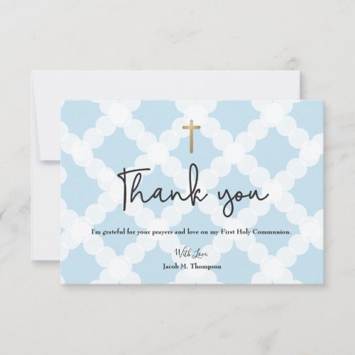 Elegant Blue Gold Cross Boy First Communion Thank You Card