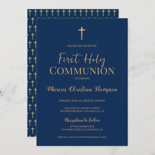 Elegant Blue Gold Cross Boy First holy communion  Invitation