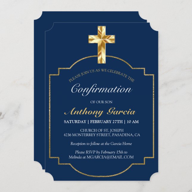Elegant Blue Gold Cross Confirmation Invitation (Front/Back)