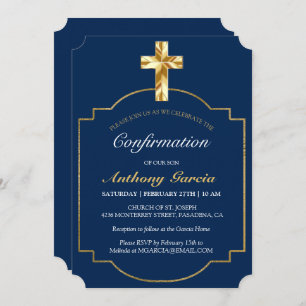 Elegant Blue Gold Cross Confirmation Invitation