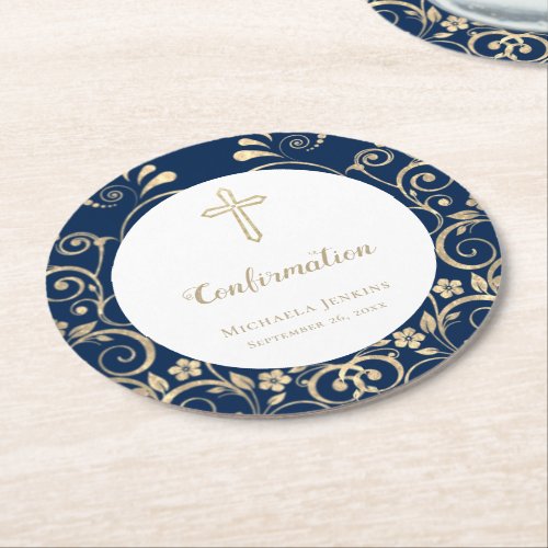 Elegant Blue Gold Cross Confirmation Round Paper Coaster