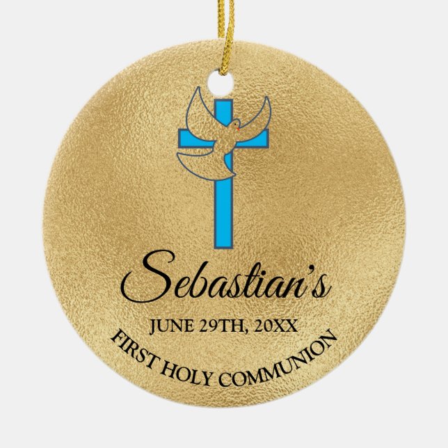 Elegant Blue Gold Cross First Communion Ceramic Ornament (Front)