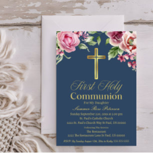 Elegant Blue Gold Cross First Communion Girl/Boy Invitation