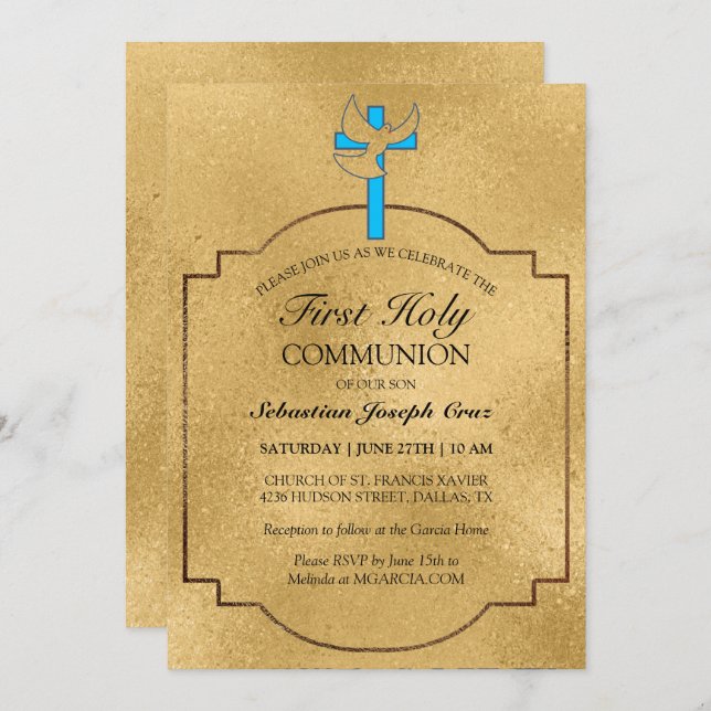 Elegant Blue Gold Cross First Communion Invitation (Front/Back)