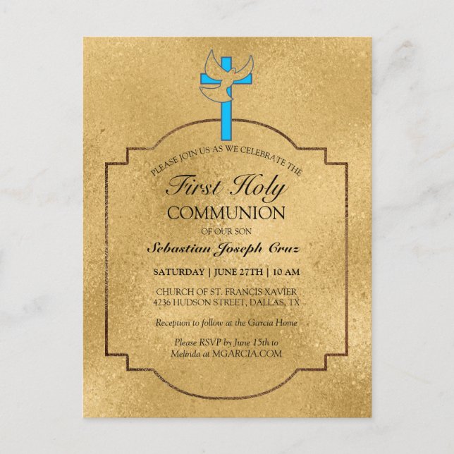 Elegant Blue Gold Cross First Communion Invitation Postcard (Front)