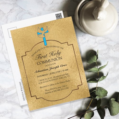 Elegant Blue Gold Cross First Communion Invitation Postcard