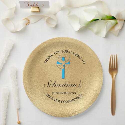 Elegant Blue Gold Cross First Communion Party Paper Plates