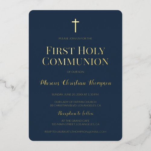 Elegant blue gold cross First Holy Communion Foil Holiday Card