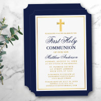 Elegant Blue Gold Cross First Holy Communion