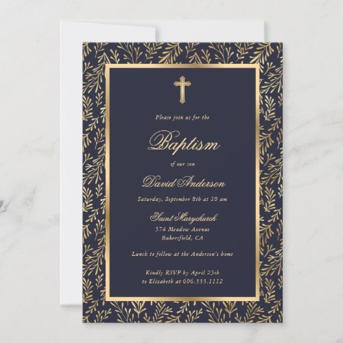 Elegant Blue Gold Cross Greenery Boy Baptism Invitation