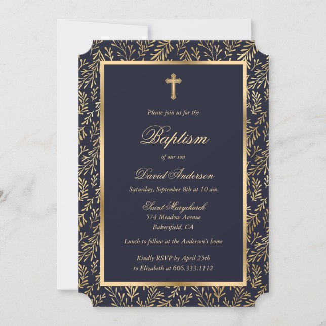 Elegant Blue Gold Cross Greenery Boy Baptism Invitation (Front)