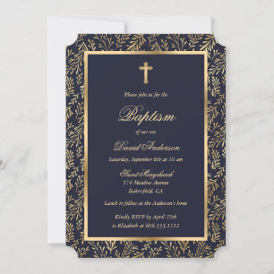 Elegant Blue Gold Cross Greenery Boy Baptism Invitation