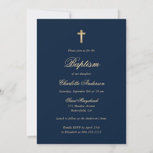 Elegant Blue Gold Cross Script Girl Baptism Invitation