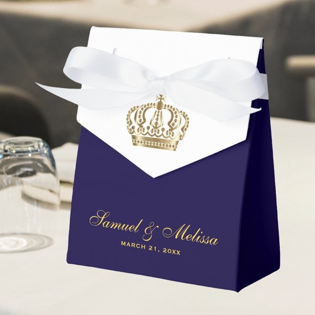 Elegant Blue Gold Crown Wedding Favor Boxes (Creator Uploaded)