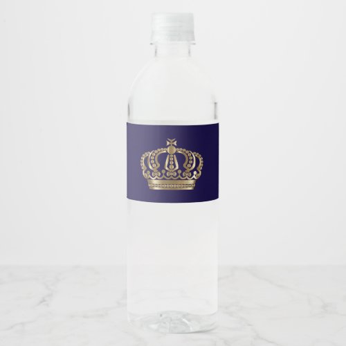 Elegant Blue Gold Crown Wedding Water Bottle Label