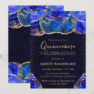 Elegant Blue Gold Crystal Stone Quinceanera Invitation