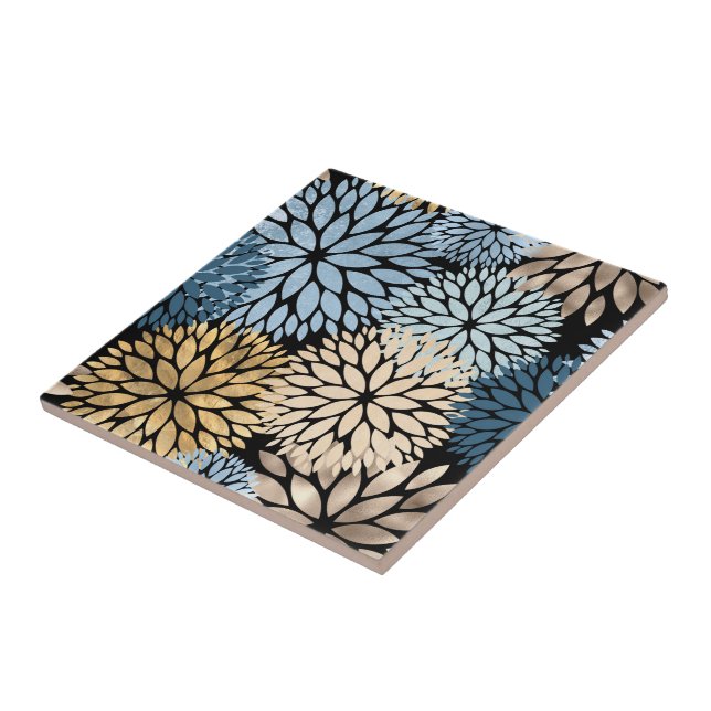 Elegant Blue Gold Dahlia Floral Ceramic Tile (Side)