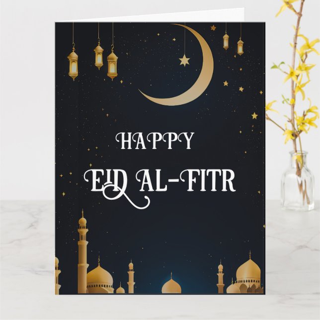 Elegant Blue & Gold Eid Al-Fitr Crescent Moon  Card (Yellow Flower)
