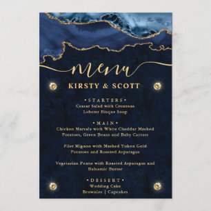 Elegant Blue & Gold Faux Glitter Agate Wedding Menu