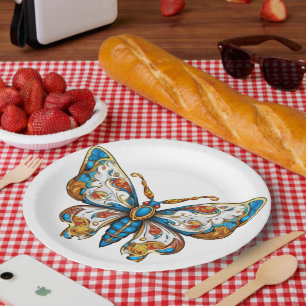 Elegant Blue Gold Filigree Butterfly Wedding Paper Plates