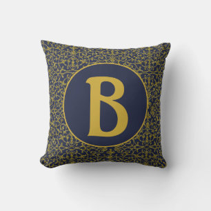 Elegant Blue & Gold Filigree Monogram Throw Pillow