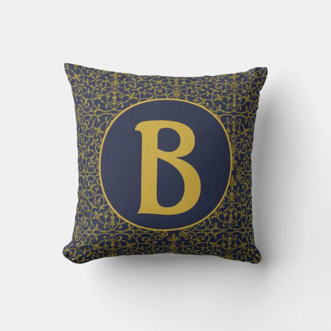 Elegant Blue & Gold Filigree Monogram Throw Pillow (Front)