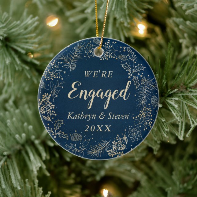 Elegant Blue Gold First Christmas Engaged Photo Ceramic Ornament (Tree)