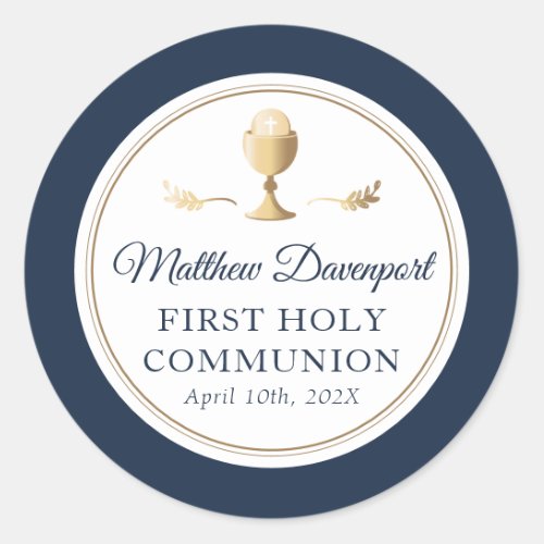 Elegant Blue Gold First Communion Favor Sticker