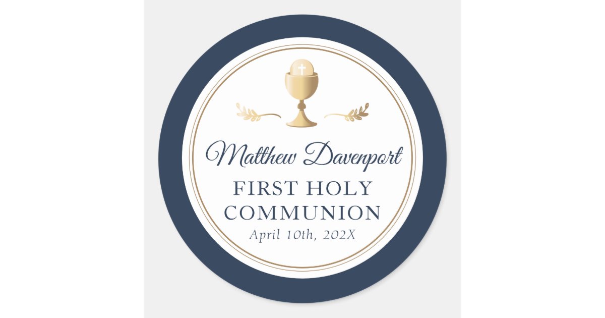 Elegant Blue Gold First Communion Favor Sticker | Zazzle