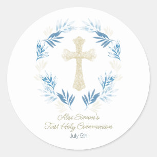 Elegant Blue Gold First Holy Communion Classic Round Sticker
