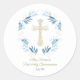 Elegant Blue Gold First Holy Communion Classic Round Sticker