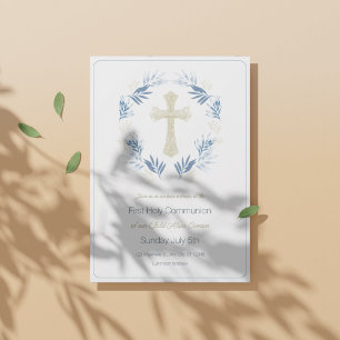 Elegant Blue Gold First Holy Communion Invitation
