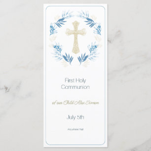 Elegant Blue Gold First Holy Communion Menu