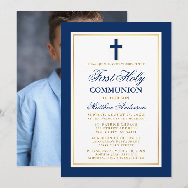 Elegant Blue Gold First Holy Communion Photo Invitation (Front/Back)