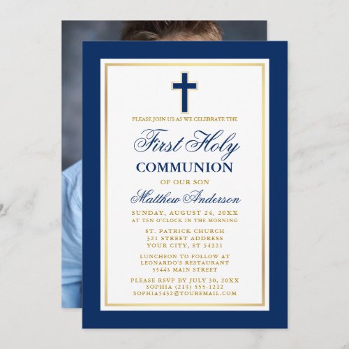 Elegant Blue Gold First Holy Communion Photo Invitation