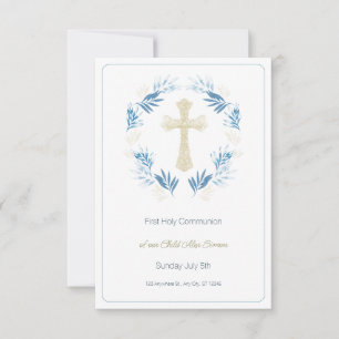 Elegant Blue Gold First Holy Communion RSVP Card