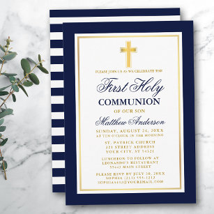 Elegant Blue Gold First Holy Communion Striped Invitation