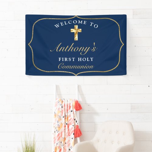 Elegant Blue Gold First Holy Communion Welcome  Banner