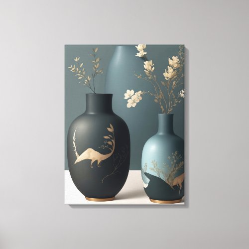 Elegant Blue  Gold Floral Animal Art Vases Canvas Print