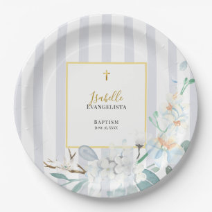 Elegant Blue Gold Floral Baptism Paper Plates