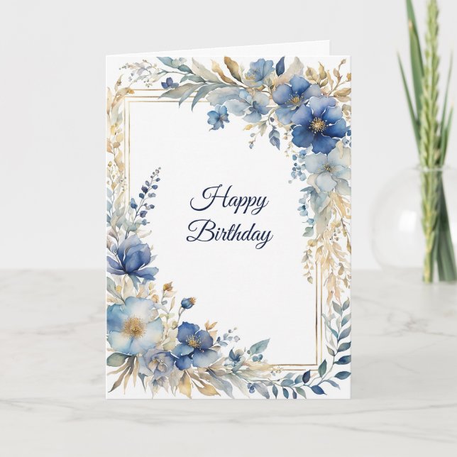 Elegant Blue Gold Floral  Birthday Card (Front)