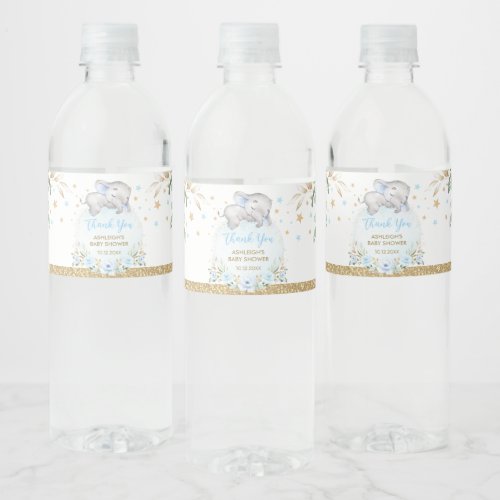 Elegant Blue Gold Floral Boy Baby Elephant Shower Water Bottle Label