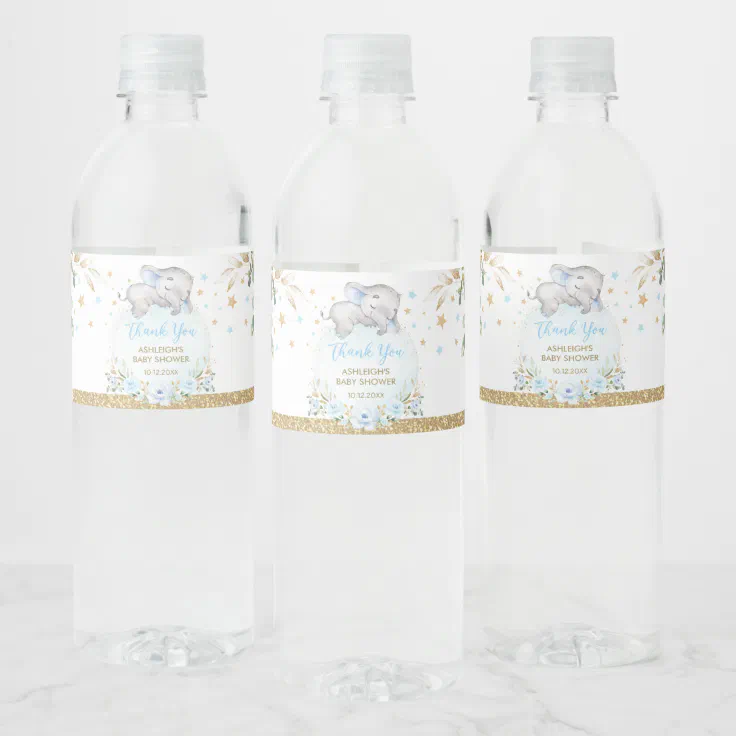 Elegant Blue Gold Floral Boy Baby Elephant Shower Water Bottle Label |  Zazzle